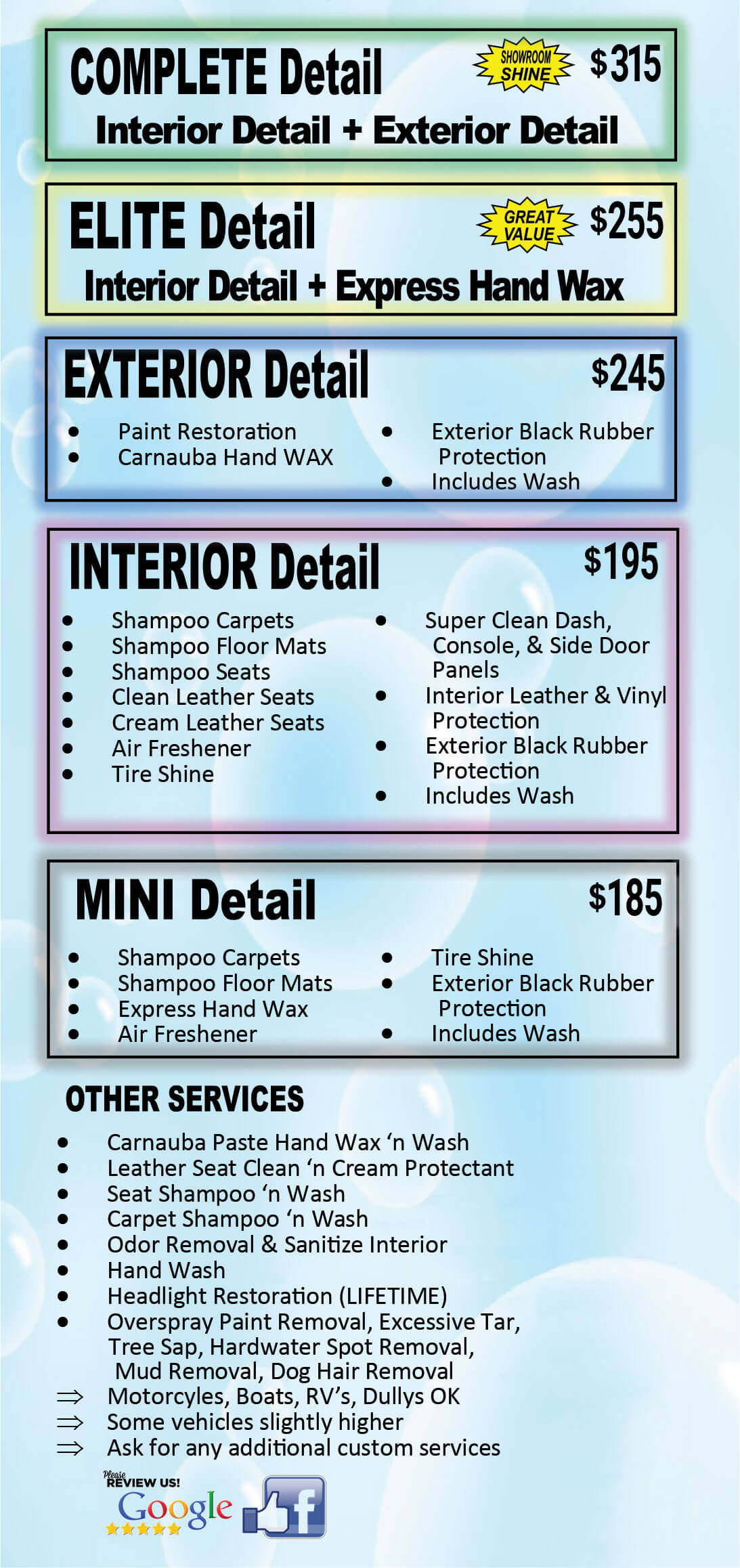 craig road car wash menu prices detail updated April 2023